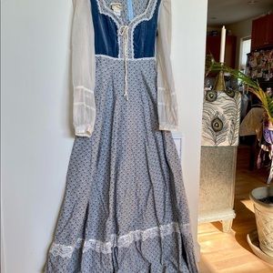 Gunne Sax Blue Velvet Sleeping Beauty Gown Maxi Dress Ditsy Floral Print S M 9